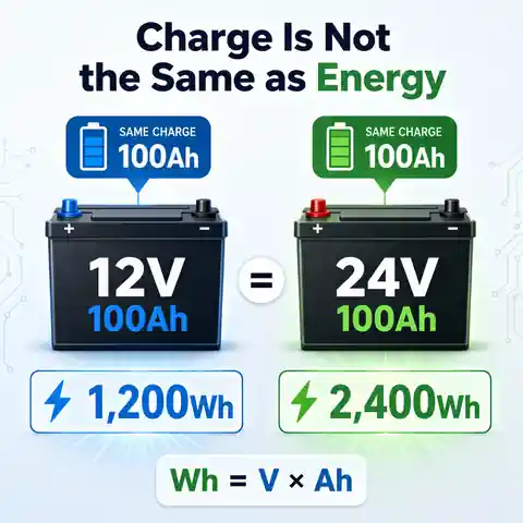 Amp-hours shown as electrical charge and watt-hours shown as energy including battery voltage