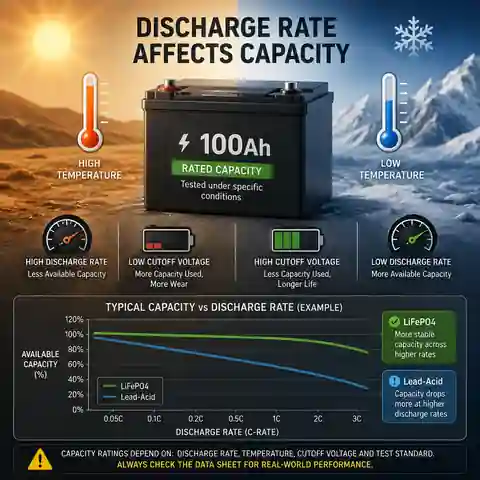 Battery capacity changing with discharge rate, temperature and cutoff conditions