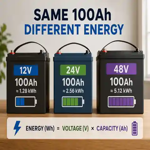 Three 100Ah batteries at 12V, 24V and 48V storing different amounts of energy
