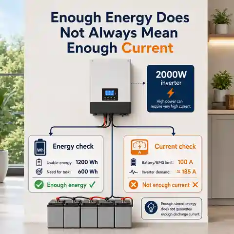 Battery bank checked for both stored energy in watt-hours and maximum discharge current in amps