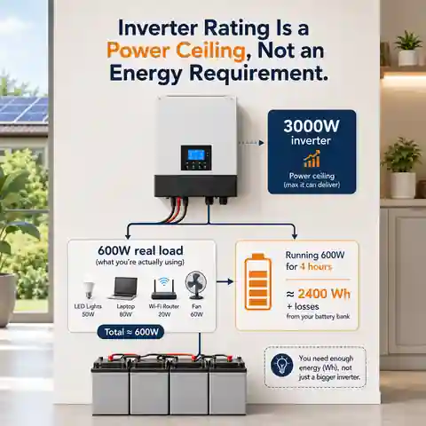 A 3,000W inverter supplying a smaller real household load while the battery bank is sized from actual watt-hours