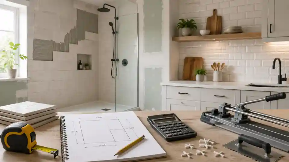 Wall tile layout with measurements for calculating tiles in a bathroom, shower and kitchen backsplash