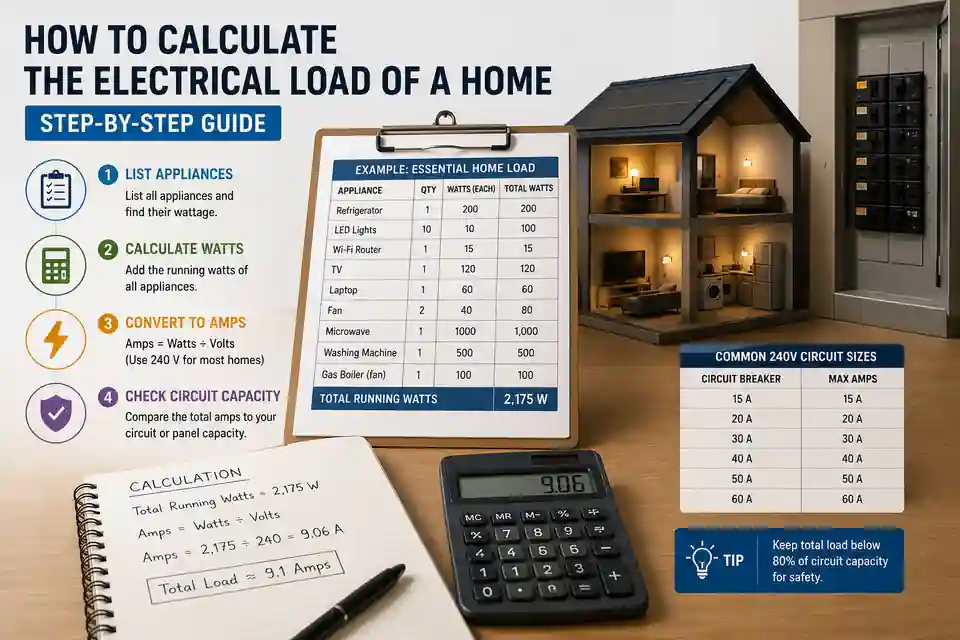 Household appliance list showing wattage and simultaneous electrical load calculation