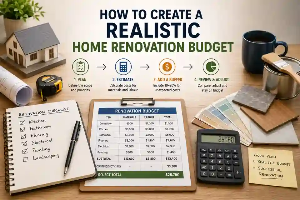 Home renovation budget plan showing labour, materials, contingency and optional costs