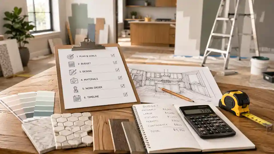 Home renovation planning workspace with a floor plan, budget notes, material samples and a step-by-step checklist