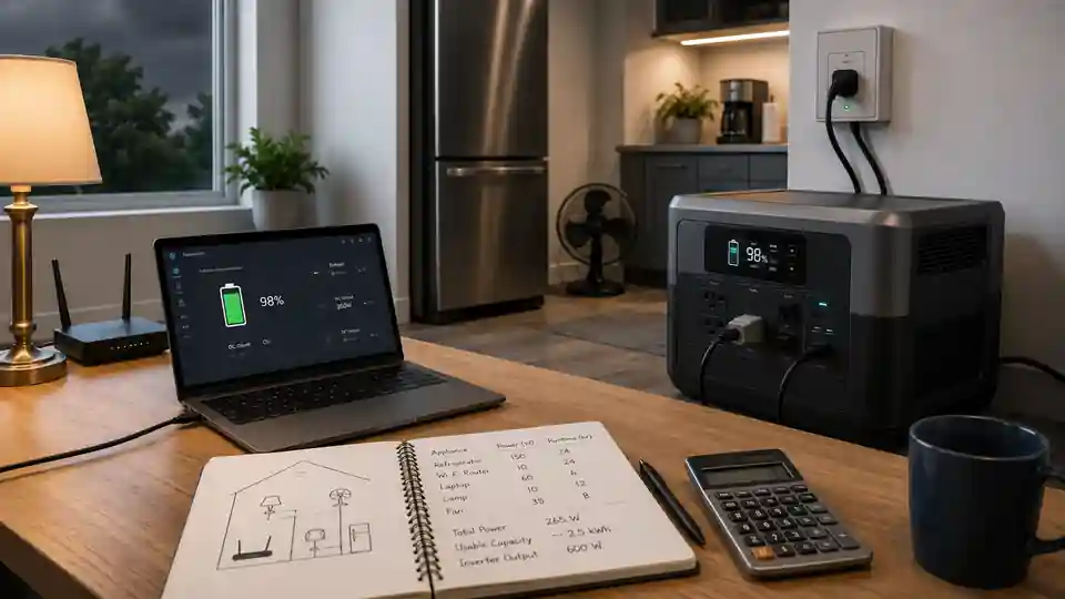 Home battery backup connected to essential appliances with battery capacity and inverter power indicators