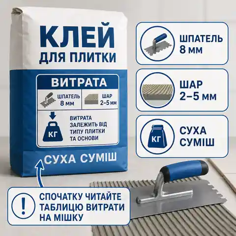 Технічні дані на мішку клею для плитки з витратою та рекомендованим шпателем