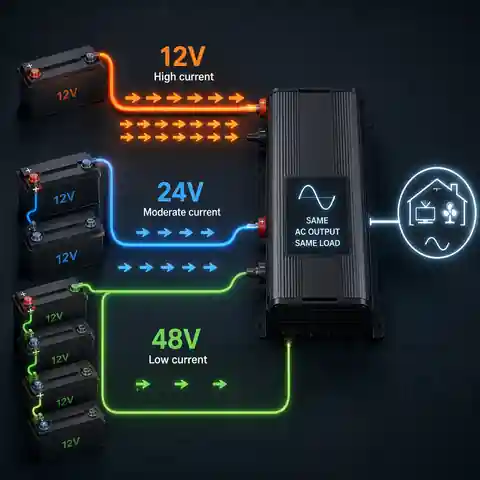 Comparison of battery current for the same inverter load at 12V, 24V and 48V