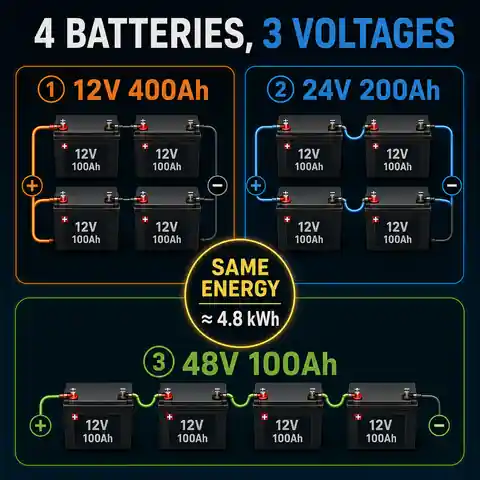 Four 12V 100Ah batteries wired as 12V 400Ah, 24V 200Ah and 48V 100Ah banks