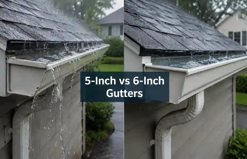 Five-inch and six-inch residential gutters compared below the same roof during heavy rainfall