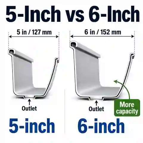 Cross-section comparison of 5-inch and 6-inch K-style gutters with nominal width, depth and outlet
