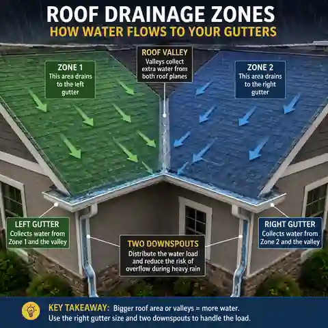 Roof plan divided into drainage zones showing valleys, gutter runs and downspouts
