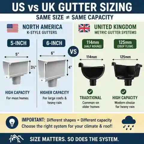 North American K-style gutters compared with UK half-round and deep-flow gutter profiles in inches and millimetres