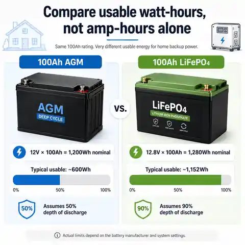 Usable energy comparison between 100Ah AGM and 100Ah LiFePO4 batteries