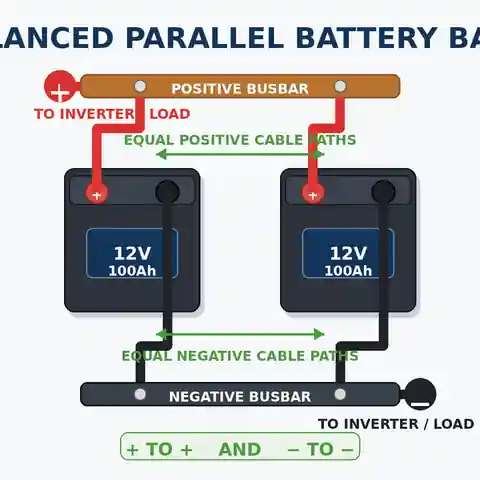Balanced parallel battery bank with equal cable paths to busbars