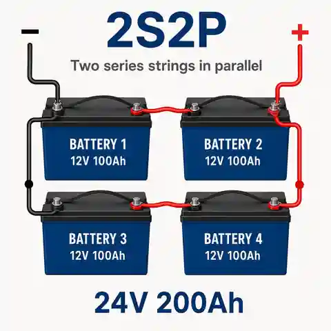Four 12V batteries connected as a 24V 2S2P battery bank