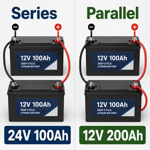 Two 12V 100Ah batteries compared in series and parallel