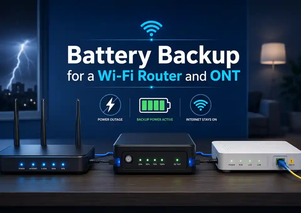 Wi-Fi router and optical network terminal connected to a battery backup during a power outage
