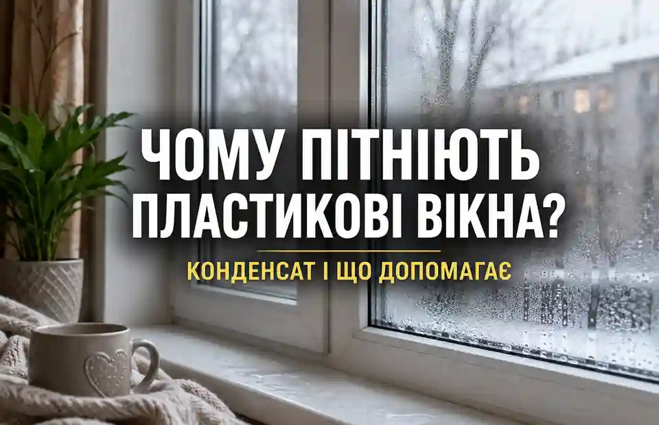 Запітніле пластикове вікно з краплями конденсату на внутрішній стороні скла
