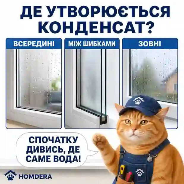 Схема трьох варіантів конденсату на вікні: всередині кімнати, між шибками та зовні