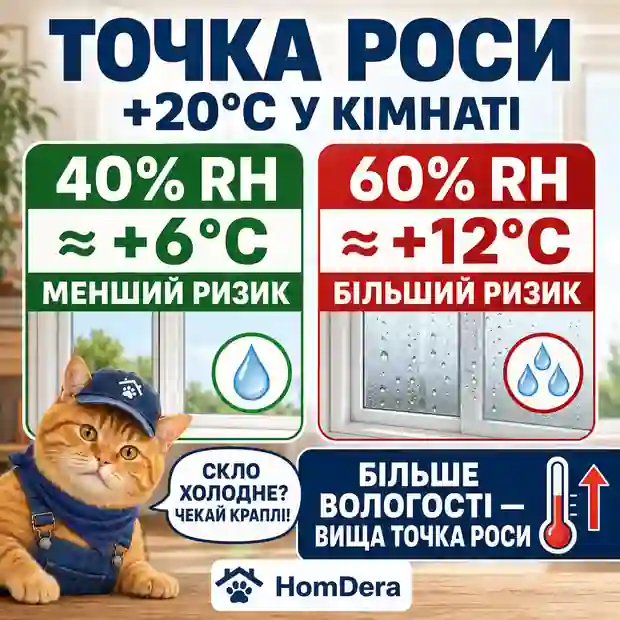 Порівняння точки роси при різній вологості та температурі внутрішньої поверхні вікна