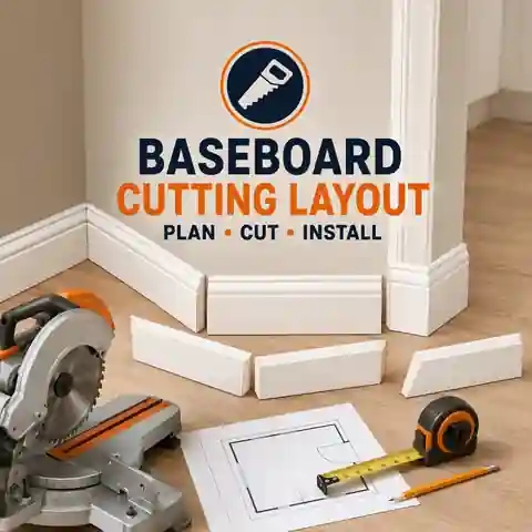 Baseboard stock lengths divided into labelled wall pieces with reusable offcuts