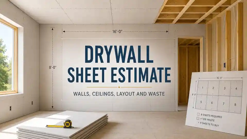Room walls and ceiling divided into drywall sheets with door, window and measurement markings