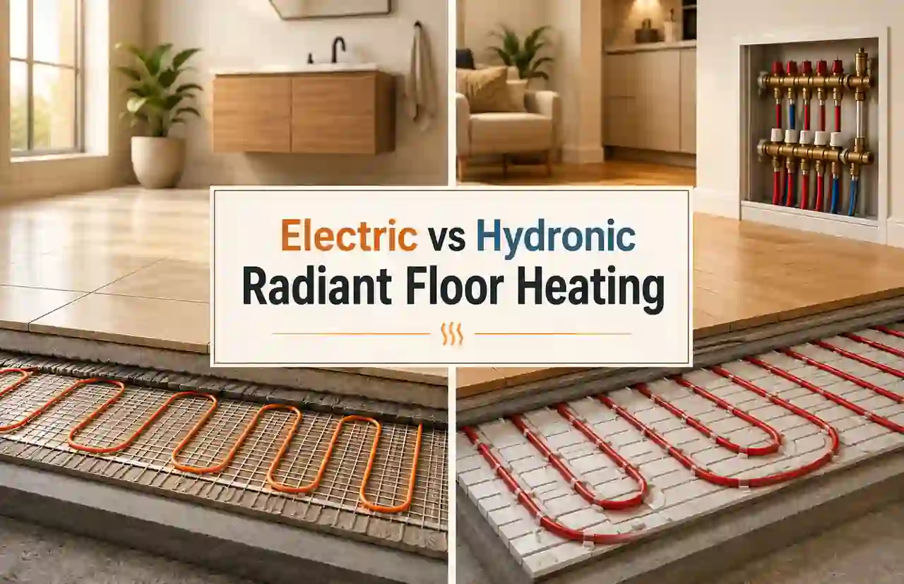 Side-by-side comparison of electric floor heating cable and water-based hydronic radiant floor tubing