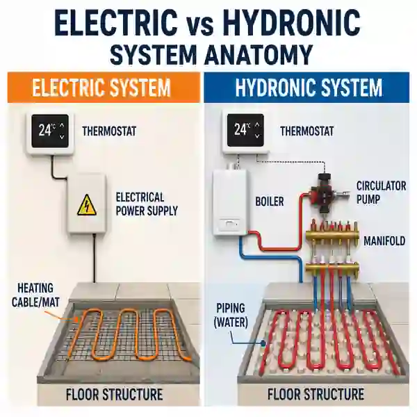 Cutaway comparison of electric heating cable and hydronic PEX tubing with manifold and heat source