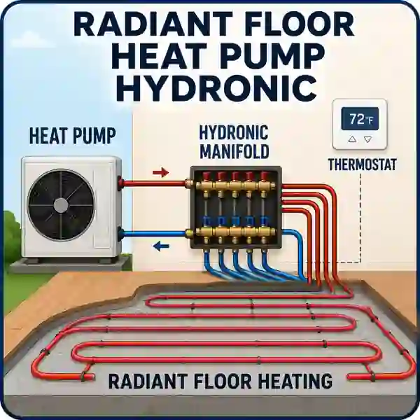 Air source heat pump connected to a manifold and hydronic underfloor heating loops