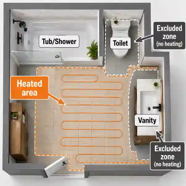 Bathroom floor plan showing heated floor area and excluded zones below fixed fixtures