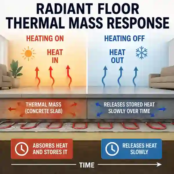 Thin electric floor heating compared with hydronic tubing embedded in a thick concrete slab