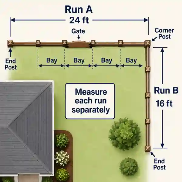 Simple fence plan divided into measured runs with corners and a gate opening