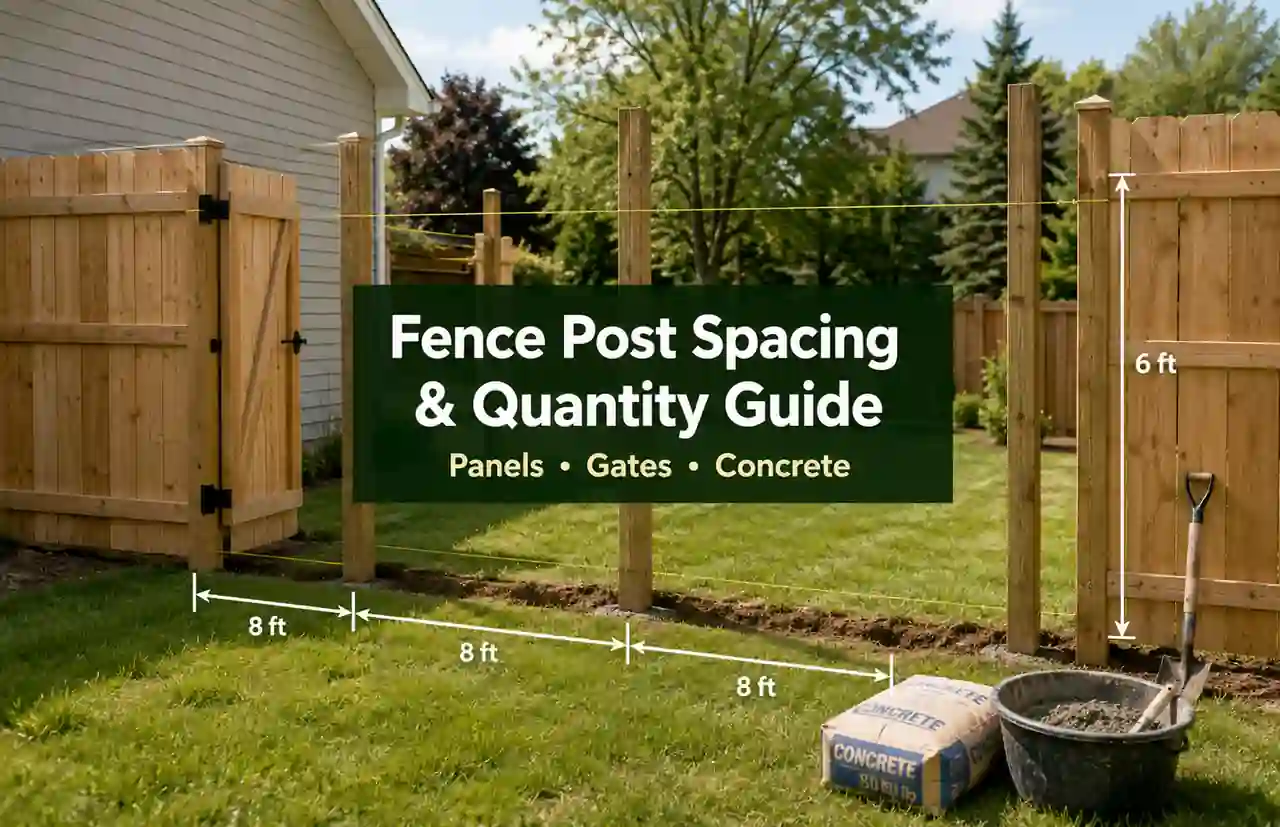 Fence layout with measured run, evenly spaced posts, panels, gate posts and concrete footings