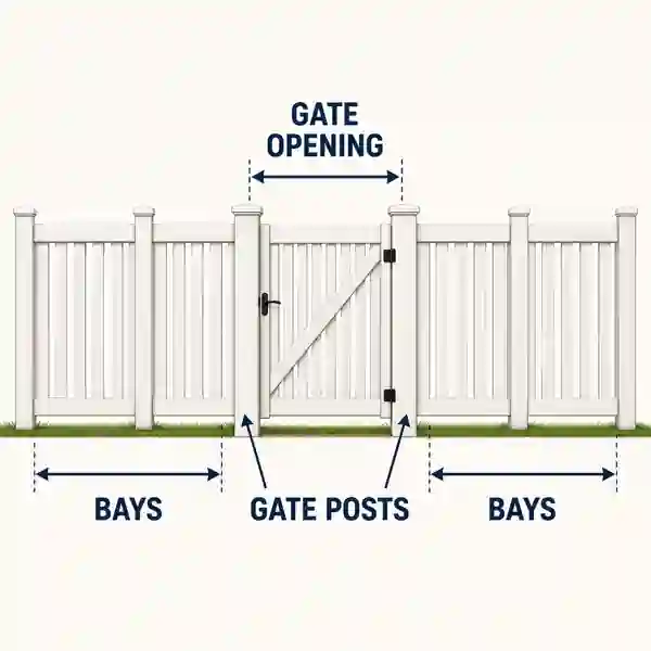 Fence gate layout showing gate opening, gate posts and evenly distributed fence bays