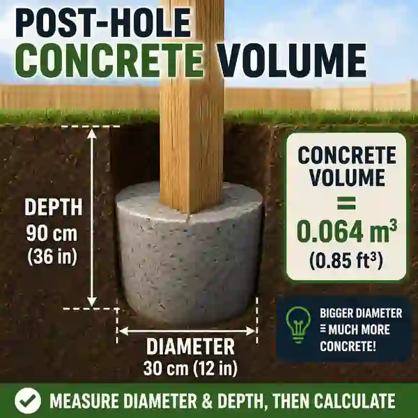 Round fence post hole showing diameter, depth and concrete volume around a post