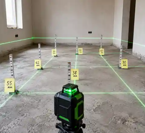 Laser level readings across an uneven floor used to calculate average screed thickness