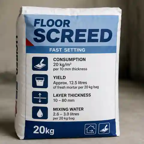 Floor screed bag showing consumption, yield, mixing water and layer thickness information
