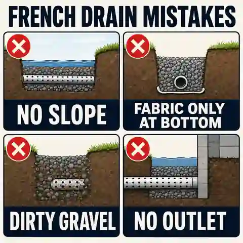 French drain mistakes including wrong trench width, narrow fabric, clogged gravel, poor slope and high outlet