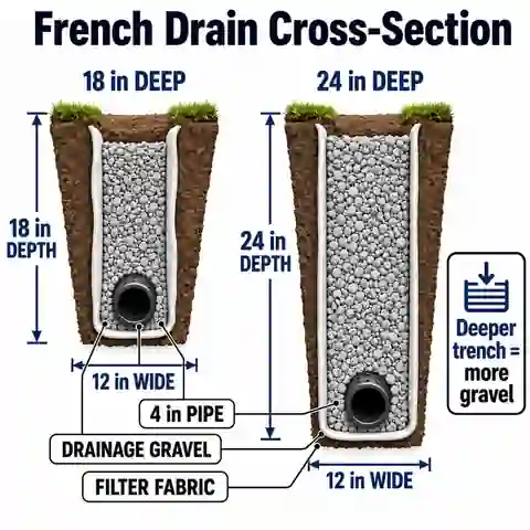 French drain cross-section comparing 18 inch and 24 inch gravel depths with the same perforated pipe