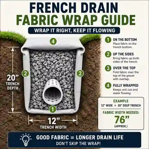 French drain geotextile fabric wrapping under, beside and over a gravel-filled trench with overlap