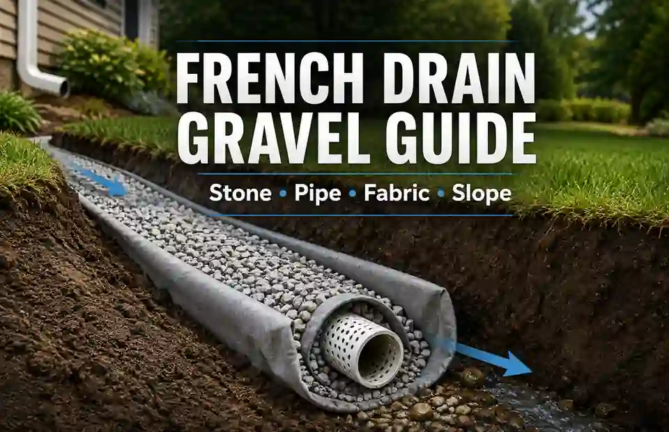French drain installation showing a gravel-filled trench, perforated pipe, geotextile wrap and measured fall