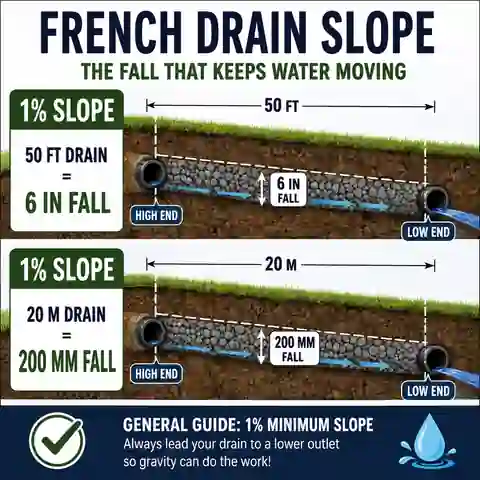 French drain side profile showing 1 percent slope and six inches of fall over fifty feet