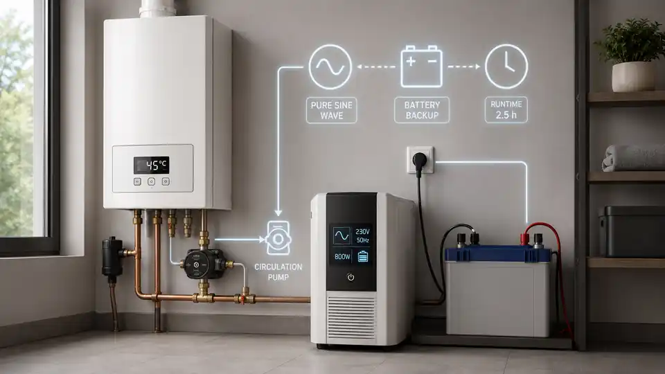 Gas boiler, circulation pump, pure sine wave UPS and battery arranged as a backup power system