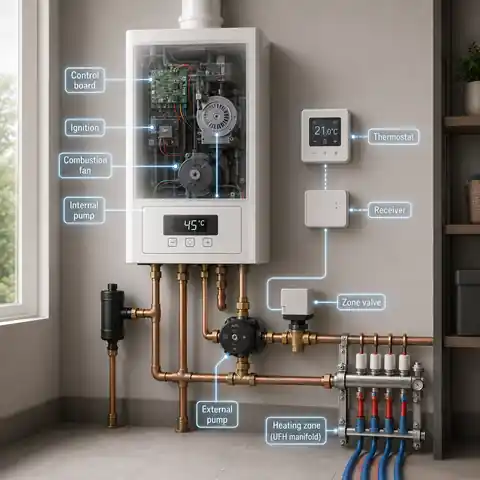 Electrical loads in a gas heating system including boiler controls, fan, pumps, thermostat and zone valves