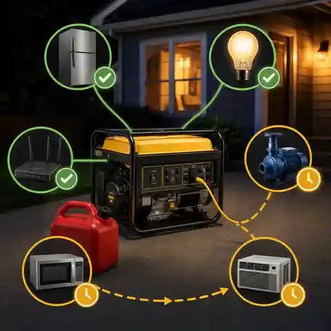 Generator appliance schedule separating pump, microwave, refrigerator and lighting loads to extend fuel runtime