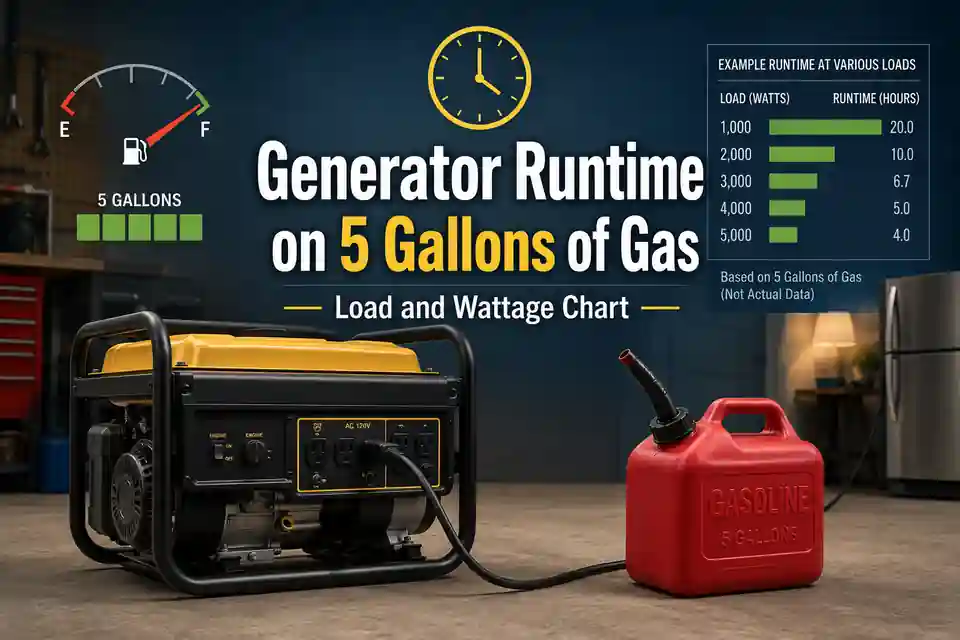 Portable gasoline generator beside a five-gallon fuel can and a runtime chart for different electrical loads