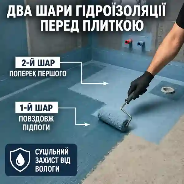 Нанесення другого шару рідкої гідроізоляції у ванній перед плиткою