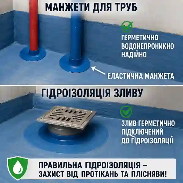 Гідроізоляційні манжети навколо труб і герметизація зливу у ванній