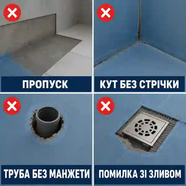 Типові помилки гідроізоляції ванної: пропуски, відкриті кути, труби без манжет і поганий злив